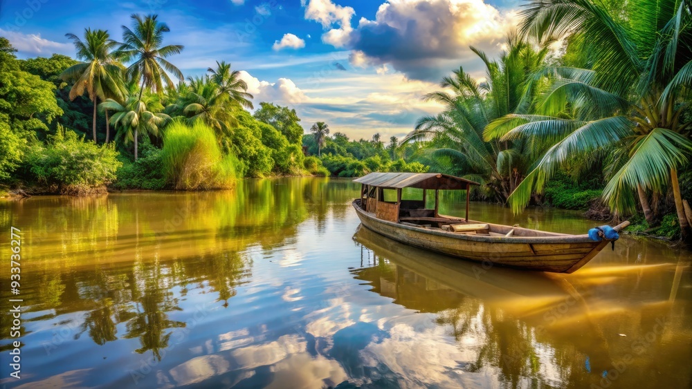 Serene Vietnamese countryside scene featuring a traditional wooden boat floating on the tranquil waters of the Mekong River near Vinh Long, surrounded by lush greenery. Serene Vietnamese countryside scene featuring a traditional wooden boat floating on the tranquil waters of the Mekong River near Vinh Long, surrounded by lush greenery.