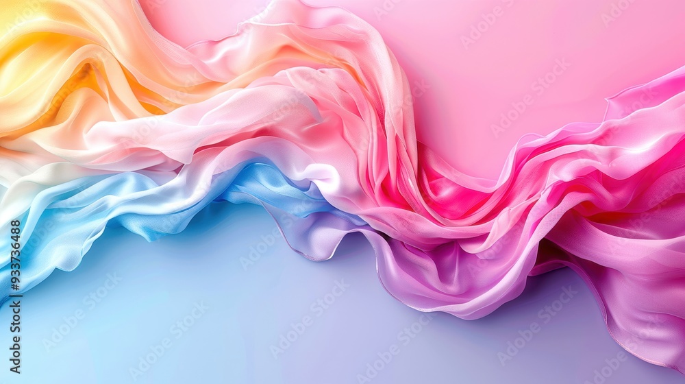 Colorful gradient silk fabric background with smooth, flowing textures in pastel shades of pink, blue, lavender, and yellow. Colorful gradient silk fabric background with smooth, flowing textures in pastel shades of pink, blue, lavender, and yellow.