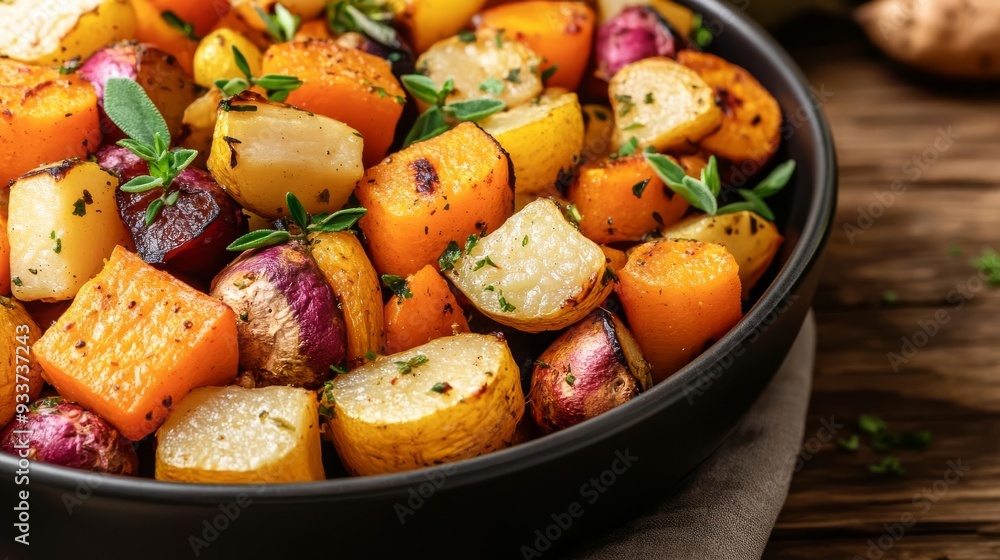 Close-up of farm-to-table roasted root vegetables with herbs, organic dish, natural seasonal warmth Close-up of farm-to-table roasted root vegetables with herbs, organic dish, natural seasonal warmth