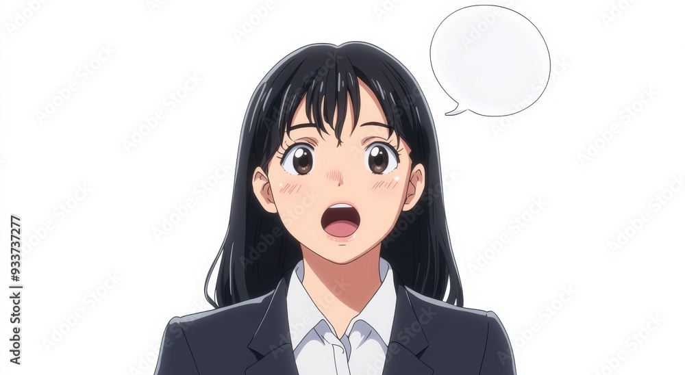 Anime Style Asian Woman in Her Late Thirties in Office Suit, Speaking with Open Mouth and Speech Bubble, White Background Anime Style Asian Woman in Her Late Thirties in Office Suit, Speaking with Open Mouth and Speech Bubble, White Background