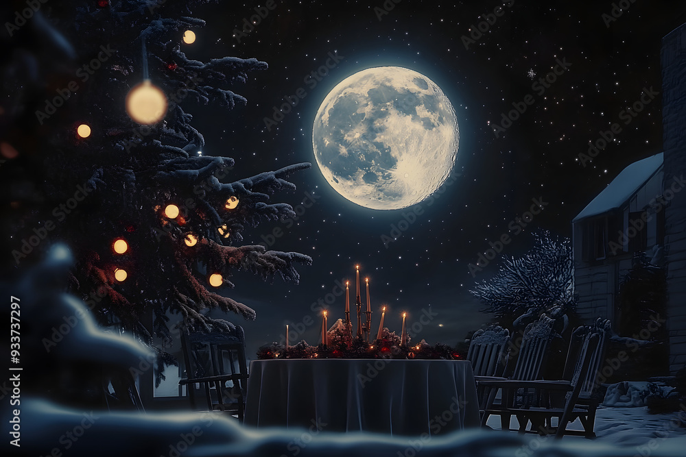 Naklejka premium Christmas painting night moon.