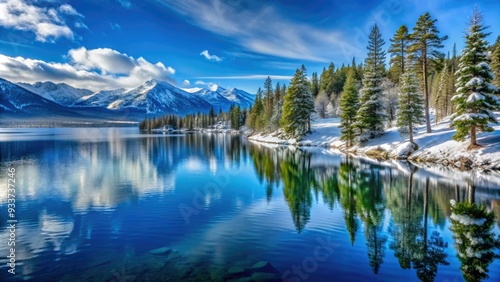 Serene winter landscape of snow-capped Sierra Nevada mountains reflecting off the calm surface of Lake Tahoe, surrounded by evergreen trees and ski resorts.