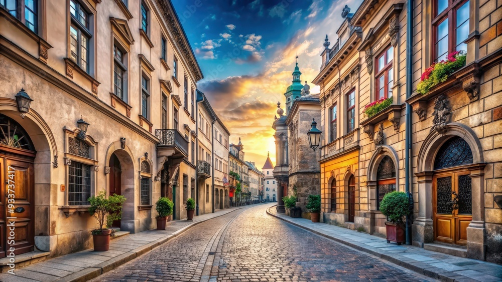 Wide panorama of an empty European ancient street with stunning architecture, perfect for tourist scenery, Europe Wide panorama of an empty European ancient street with stunning architecture, perfect for tourist scenery, Europe