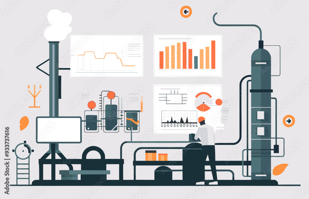 Person working in an industrial plant with charts in modern technological factory. Flat design illustration Person working in an industrial plant with charts in modern technological factory. Flat design illustration