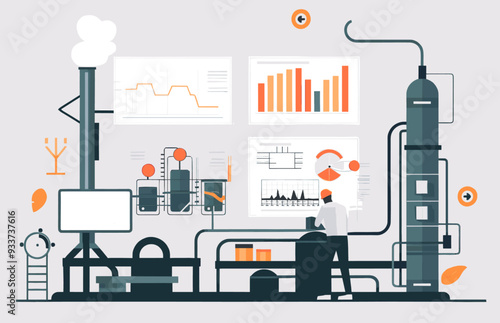 Person working in an industrial plant with charts in modern technological factory. Flat design illustration