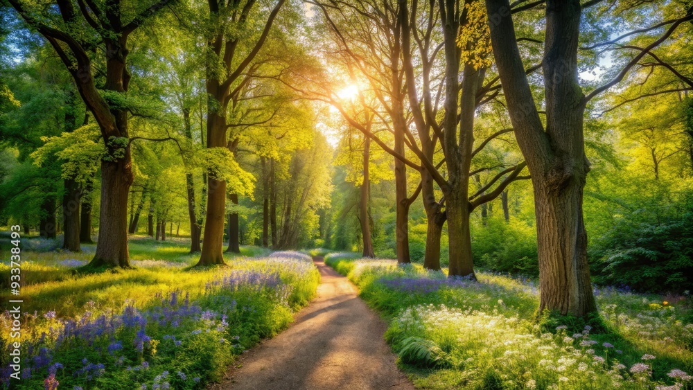 Serene woodland scene featuring a winding dirt path surrounded by towering trees, lush green foliage, and vibrant wildflowers on a sunny afternoon. Serene woodland scene featuring a winding dirt path surrounded by towering trees, lush green foliage, and vibrant wildflowers on a sunny afternoon.