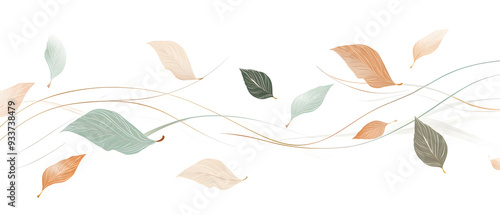 A flat vector illustration of leaves being blown by the wind, minimalist design, clean curved lines, varying sizes of soft green and brown leaves, thin curved lines representing wind motion.