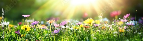 A vibrant meadow filled with colorful flowers basking in sunlight.