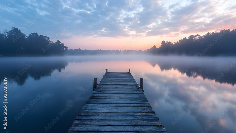 Naklejka premium Wooden Pier Extending into Misty Lake at Dawn.