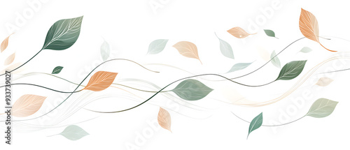 A flat vector illustration of leaves being blown by the wind, minimalist design, clean curved lines, varying sizes of soft green and brown leaves, thin curved lines representing wind motion.