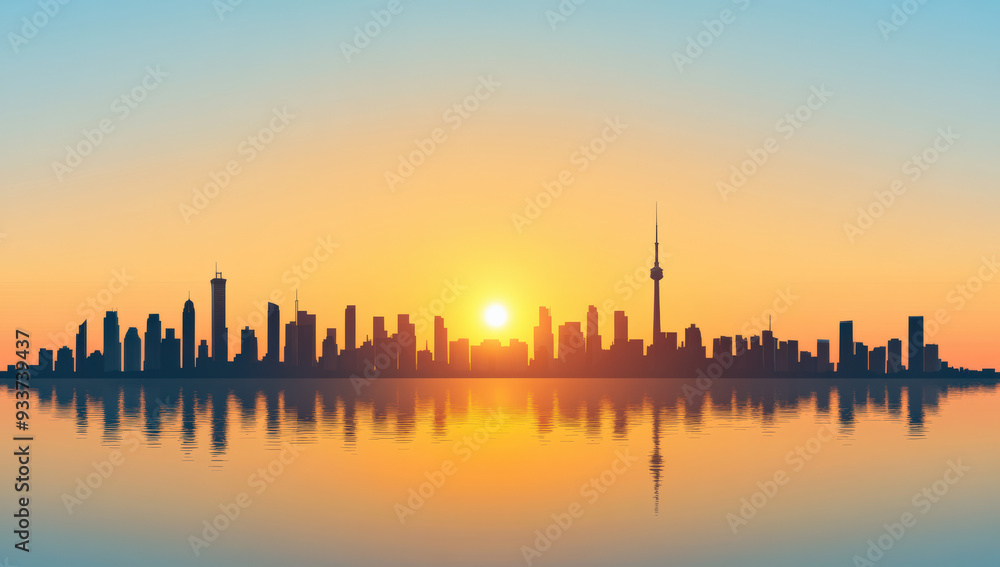 City skyline at sunset with reflections on calm water, capturing the vibrant colors of the sky and a serene urban landscape. City skyline at sunset with reflections on calm water, capturing the vibrant colors of the sky and a serene urban landscape.