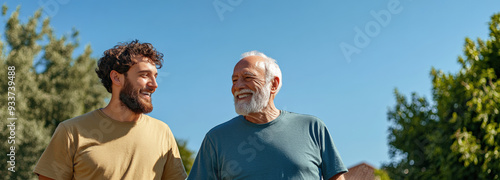 Elderly man and younger man walking outdoors on a sunny day, smiling and talking. The image highlights a positive and caring generational bond.