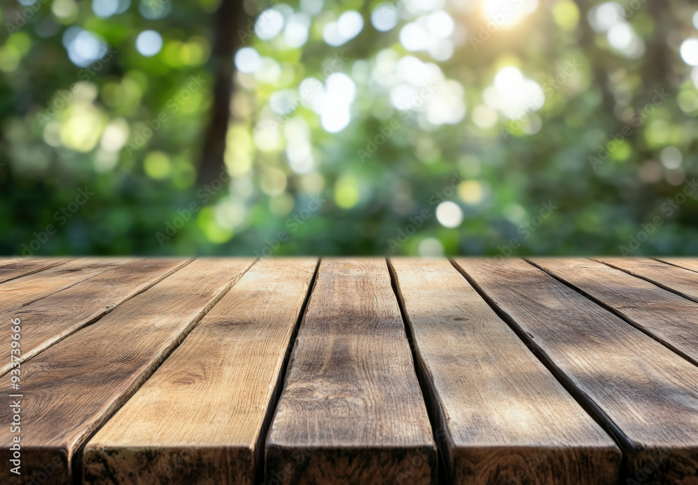Wooden table with a blurred background of green trees and sunlight. The scene evokes a peaceful, natural outdoor setting. Wooden table with a blurred background of green trees and sunlight. The scene evokes a peaceful, natural outdoor setting.