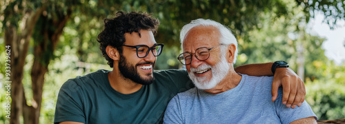 Elderly man and younger man smiling and embracing outdoors. The image captures a warm and joyful connection between generations.