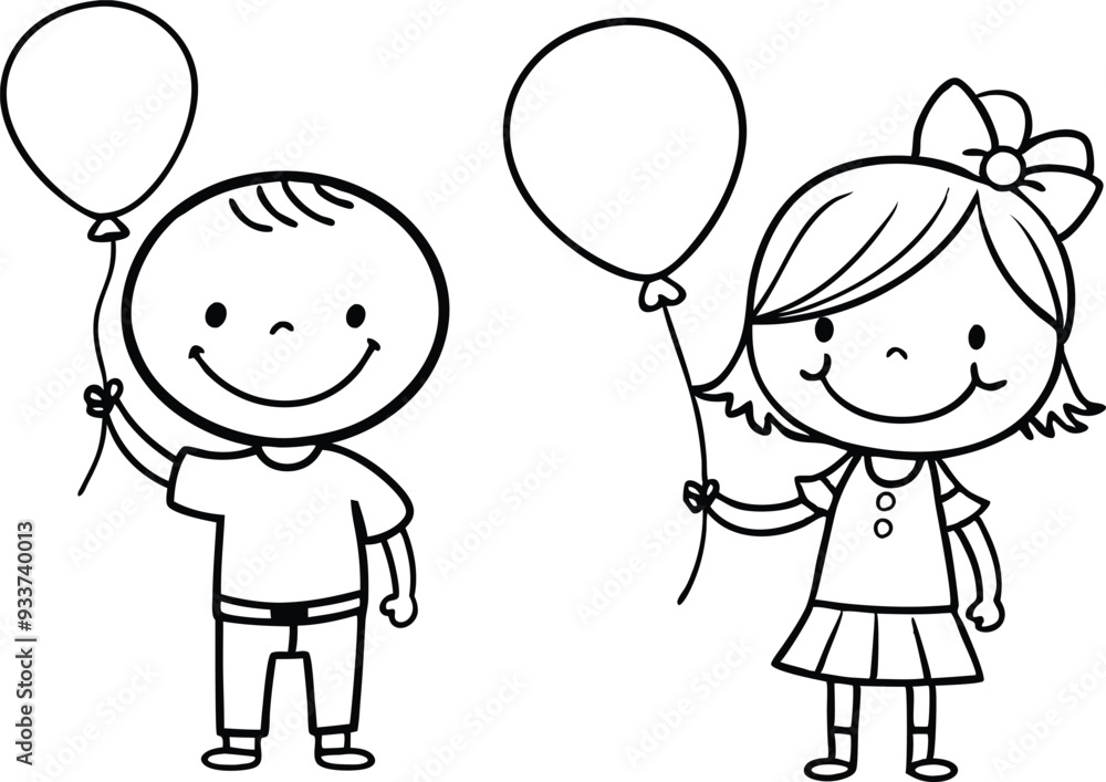 girl and boy with balloons line art illustration black and white girl and boy with balloons line art illustration black and white