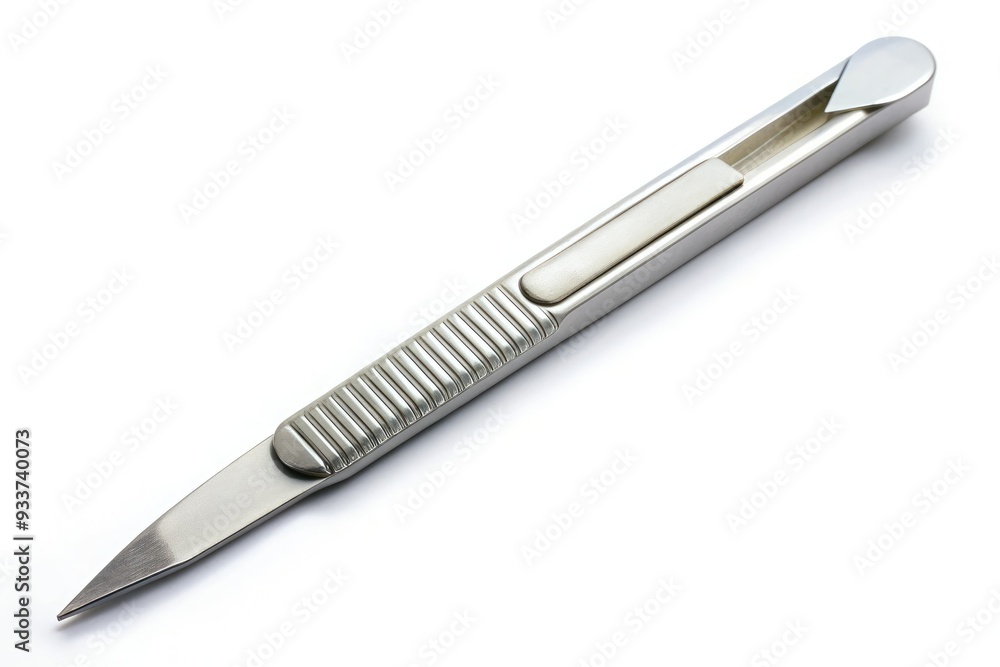 Sharp and precise, a small disposable scalpel with a straight edge blade is isolated on a white background, ideal for medical, crafting, and artistic uses. Sharp and precise, a small disposable scalpel with a straight edge blade is isolated on a white background, ideal for medical, crafting, and artistic uses.