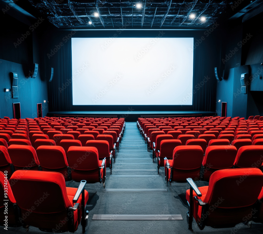 Modern cinema hall with red seats facing a large blank screen in a dark room, designed for an immersive movie experience. Modern cinema hall with red seats facing a large blank screen in a dark room, designed for an immersive movie experience.