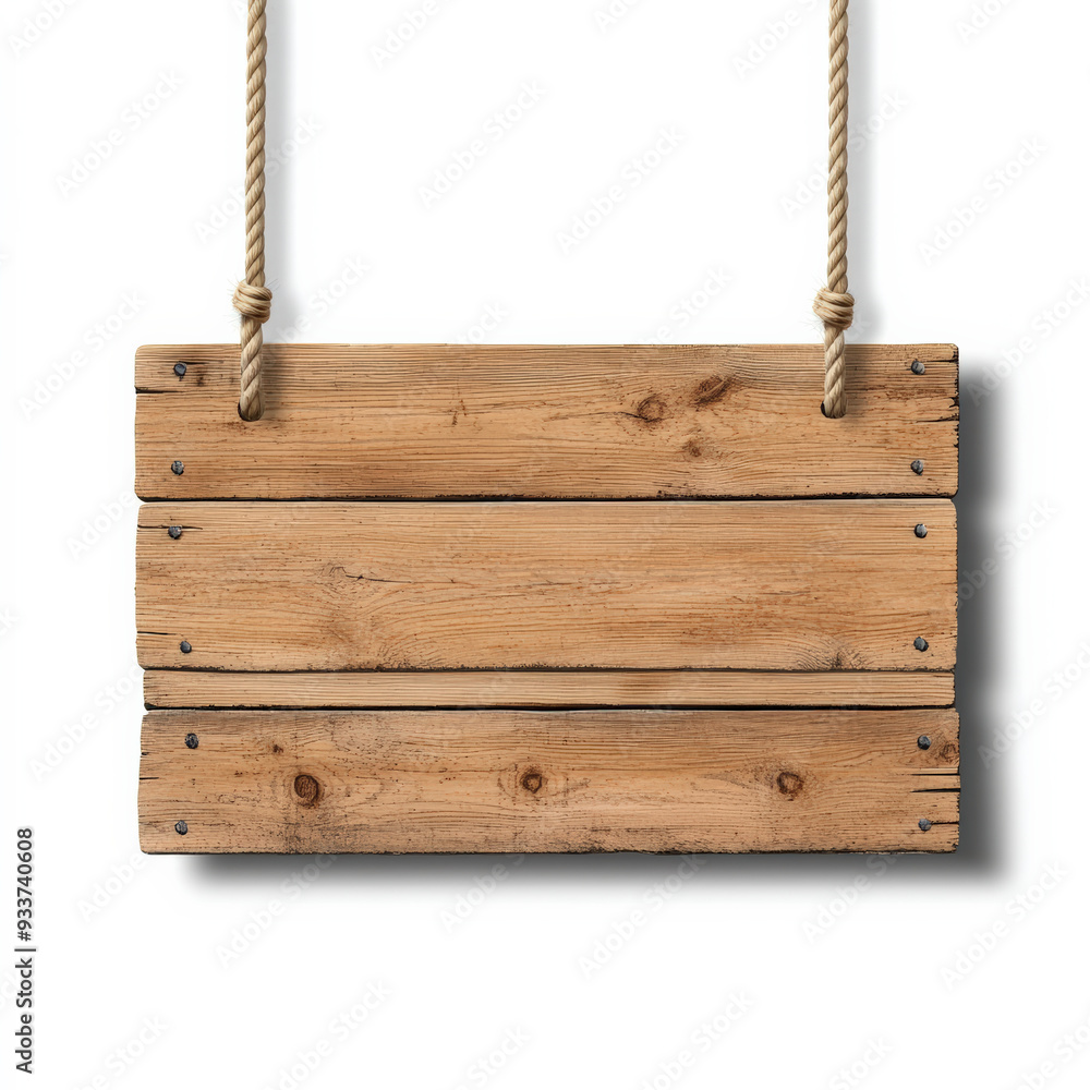 Rustic wooden signboard suspended from ropes, showing natural wood grain and knots, isolated on white. Rustic wooden signboard suspended from ropes, showing natural wood grain and knots, isolated on white.