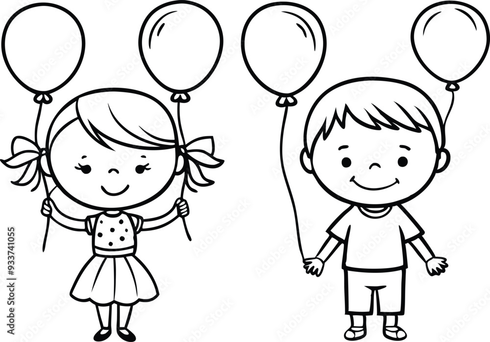 girl and boy with balloons line art illustration black and white girl and boy with balloons line art illustration black and white