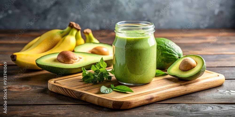 Green smoothie with avocado and banana on wooden cutting board, healthy, organic, fresh, beverage, drink, vegan Green smoothie with avocado and banana on wooden cutting board, healthy, organic, fresh, beverage, drink, vegan