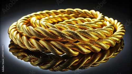 Shiny gold rope with intricate braiding and ornate ends, coiled around a dark surface, evoking luxury, wealth, and ancient treasures in a high-contrast setting. photo