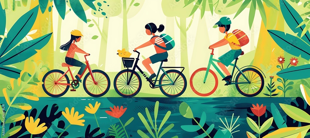 Fototapeta premium A family cycling through a forest path, surrounded by lush vegetation and wildlife, promoting sustainable transportation 
