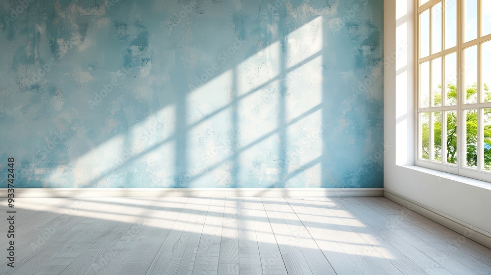 Sunlight streaming through window casting shadows on empty room with blue wall and wooden floor, peaceful interior scene. Sunlight streaming through window casting shadows on empty room with blue wall and wooden floor, peaceful interior scene.