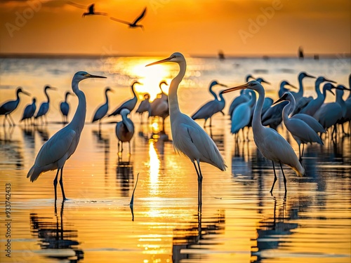 Silhouetted against a serene shoreline, majestic great egrets and scavenging seagulls stand vigilant, surveying the calm waters for unsuspecting fish to seize as their next meal. photo