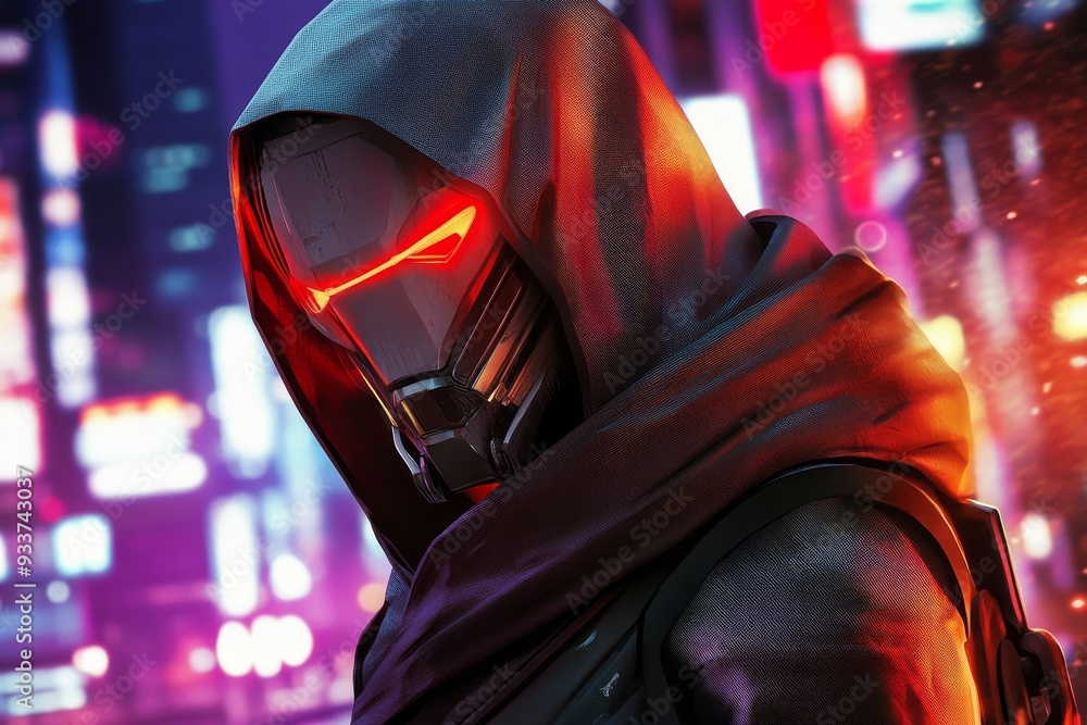 In a nighttime scene, a cybernetic head in a hood with red light eyes. A dark metal helmet from science fiction. Artificially intelligent robot. In a nighttime scene, a cybernetic head in a hood with red light eyes. A dark metal helmet from science fiction. Artificially intelligent robot.