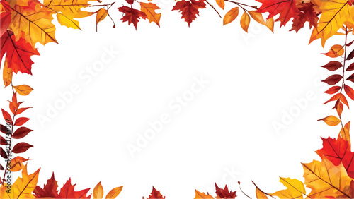 Autumn Leaves Border isolated on White. Red, yellow and orange fall leaves with copy space. Fall foliage frame for text. Editable vector illustration