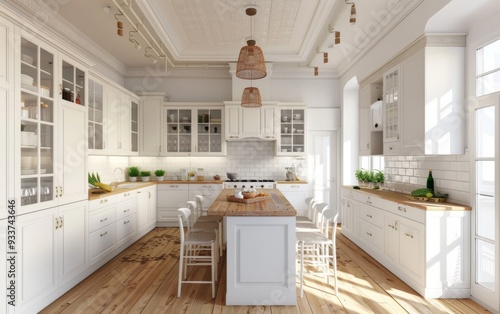 A modern kitchen interior featuring a white and wooden design with a central island.