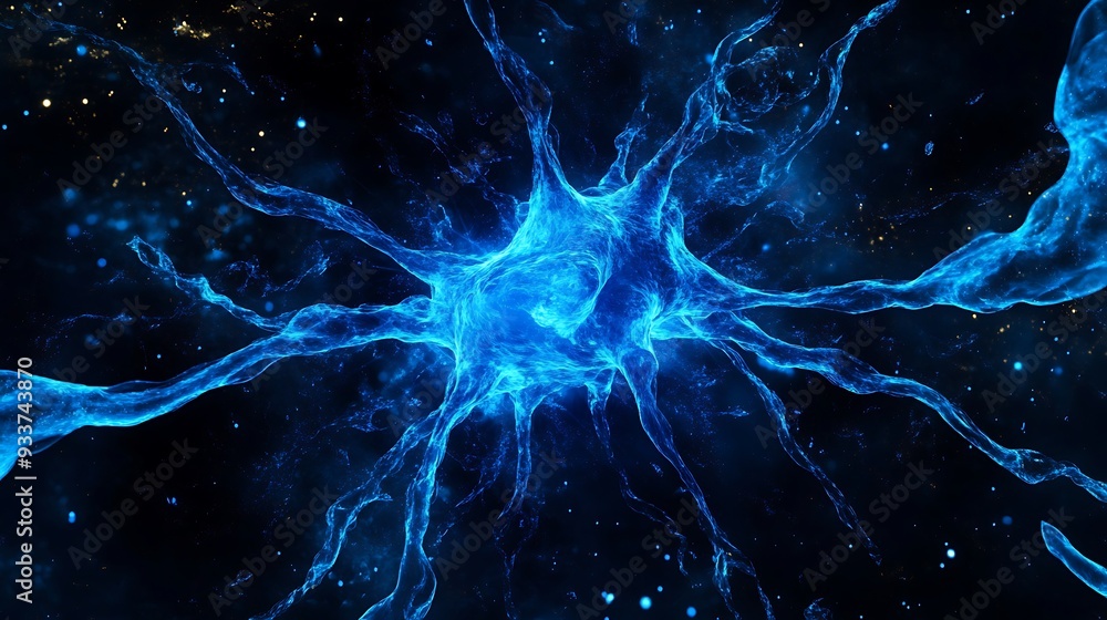 A glowing blue neuron with intricate branching dendrites against a dark, starry background. A glowing blue neuron with intricate branching dendrites against a dark, starry background.
