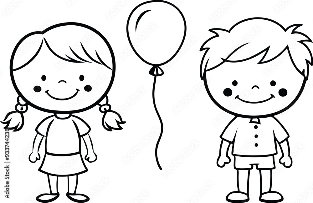 girl and boy with balloons line art illustration black and white girl and boy with balloons line art illustration black and white