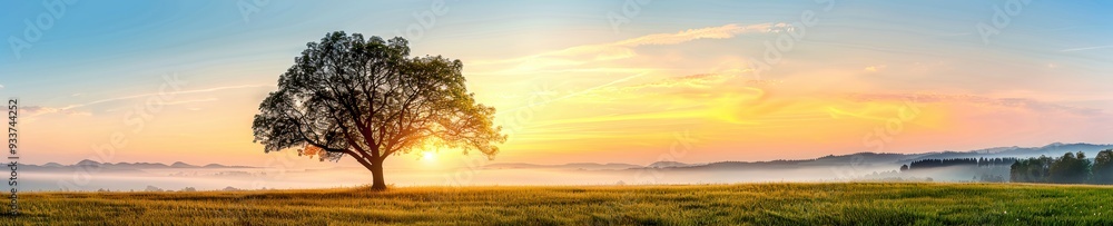Serene sunrise over a vast green field with a solitary tree, painting the sky with warm hues of orange, yellow, and pink, creating a tranquil scene. Serene sunrise over a vast green field with a solitary tree, painting the sky with warm hues of orange, yellow, and pink, creating a tranquil scene.