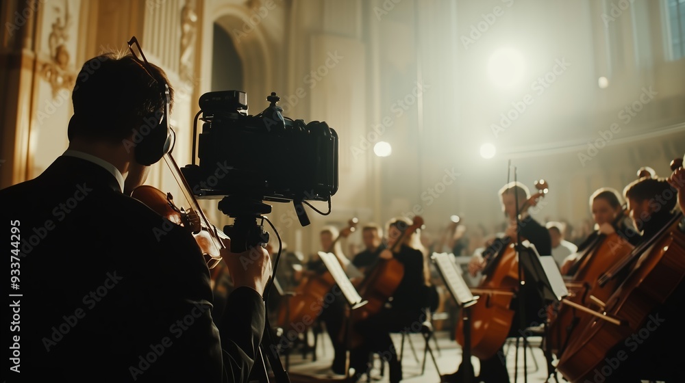 Fototapeta premium Musicians perform in a grand hall while a camera captures the orchestral concert during an evening event