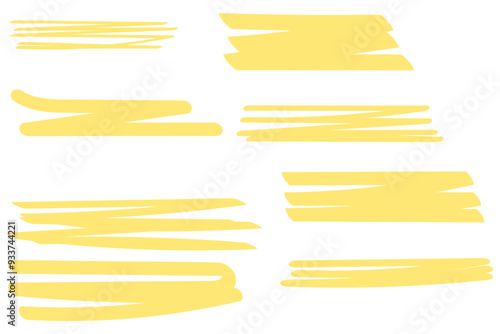 Yellow Vector highlighter graphic stylish element. Watercolor hand drawn highlight set. Yellow highlighter collection, brush lines, isolated in white background. Marker yellow set