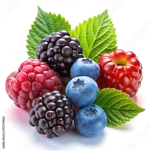 Assorted Berries on White Background - Blackberry, Blueberry, Redberry, Whiteberry, Greenberry photo