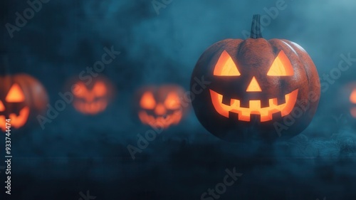 Blurred jack-o'-lantern faces floating in a dark fog, warm orange light diffusing through mist, photo realistic, eerie Halloween glow