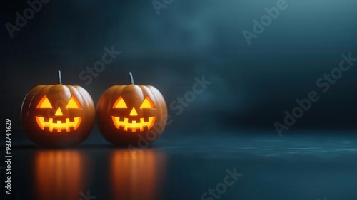 Glowing jack-o'-lantern faces fading into a dark, misty background, blurred edges and soft light, photo realistic, spooky Halloween vibe