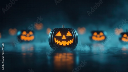 Glowing jack-o'-lantern faces fading into a dark, misty background, blurred edges and soft light, photo realistic, spooky Halloween vibe