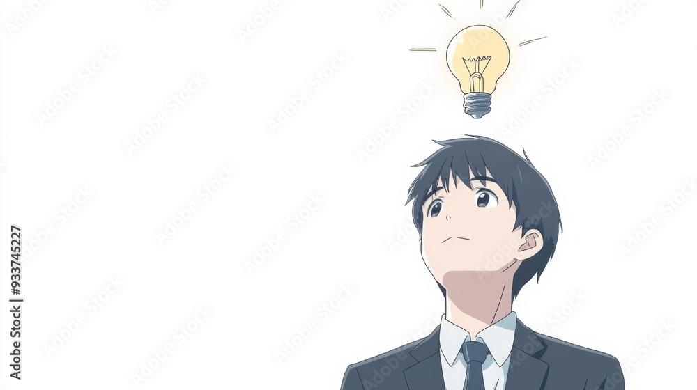 Young Man in a Suit Looking Up with an Idea Bulb Above His Head, Anime Style, Minimalist Design on White Background with Copy Space
Young Man in a Suit Looking Up with an Idea Bulb Above His Head, Anime Style, Minimalist Design on White Background with Copy Space