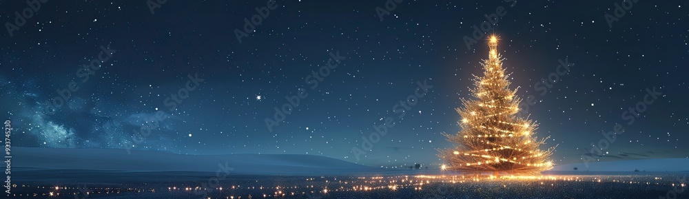A panoramic background of a dark blue sky with stars, a golden Christmas tree made from glowing lights in the bottom right corner, creating an atmosphere of magic A panoramic background of a dark blue sky with stars, a golden Christmas tree made from glowing lights in the bottom right corner, creating an atmosphere of magic