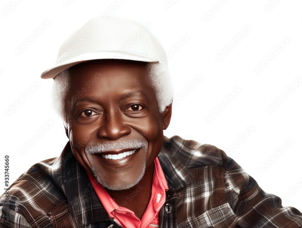 Smiling elderly man wearing a cap poses warmly against a bright background Smiling elderly man wearing a cap poses warmly against a bright background