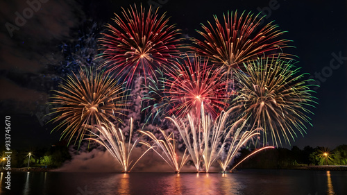 A fireworks display against the night sky, Waterfront fireworks


