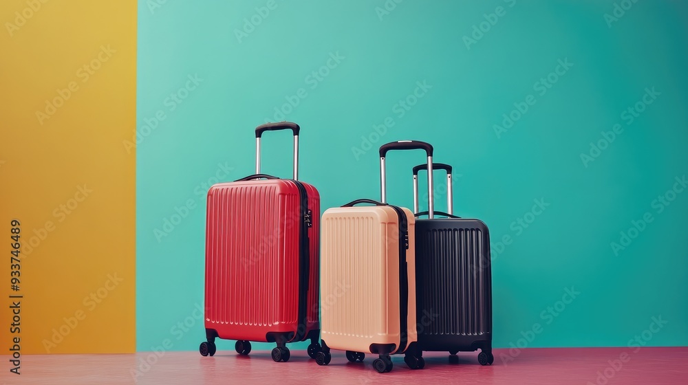 A sleek, modern luggage set against a bright background, with clean lines and ample copy space, perfect for travel-related promotions A sleek, modern luggage set against a bright background, with clean lines and ample copy space, perfect for travel-related promotions