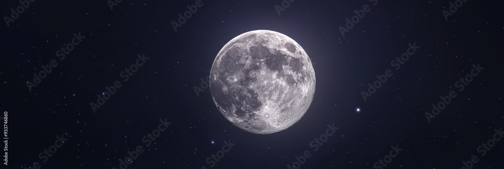 Naklejka premium An Adobe Stock image depicts the dazzling glow of a full moon casting a glowing light on the night sky