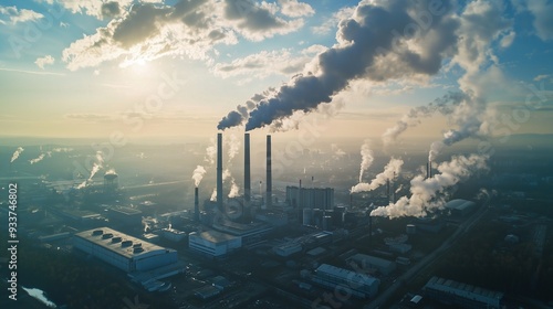 Industrial chimneys emitting smoke into the atmosphere, highlighting air pollution and its impact on air quality index.