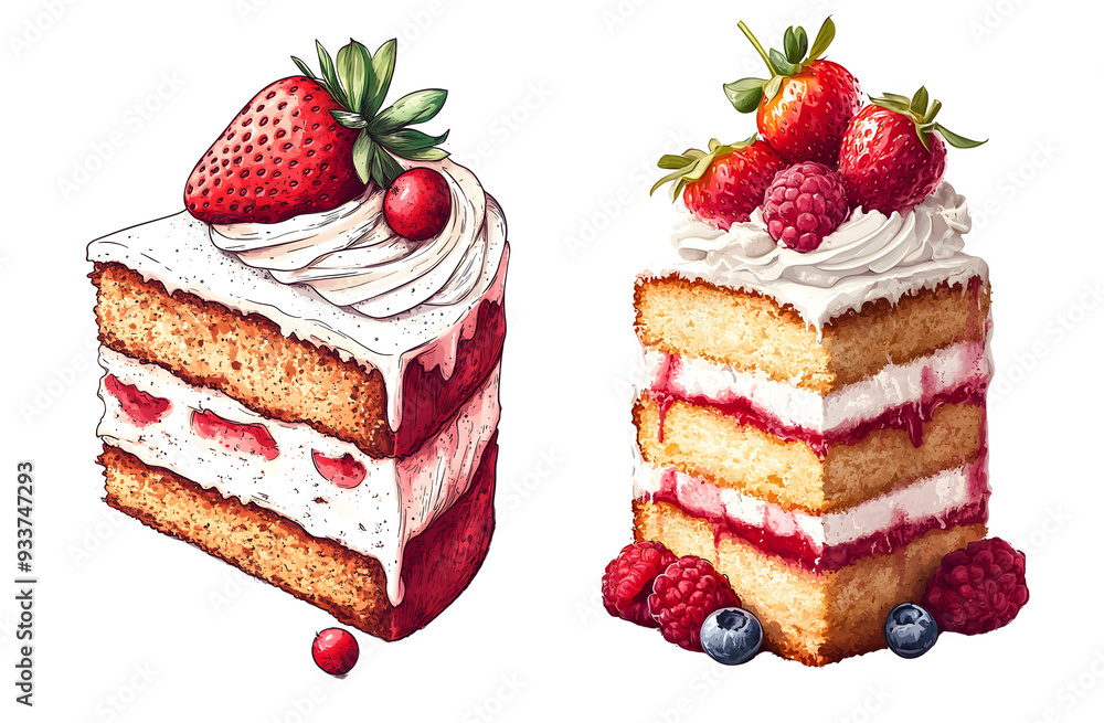 A delightful hand-drawn illustration of a strawberry cake slice, topped with whipped cream and fresh berries.