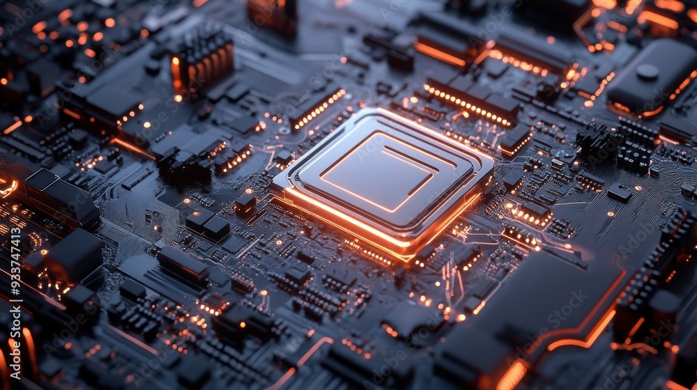 Close-up view of a modern computer circuit board featuring intricate details and glowing elements in a futuristic design. Close-up view of a modern computer circuit board featuring intricate details and glowing elements in a futuristic design.