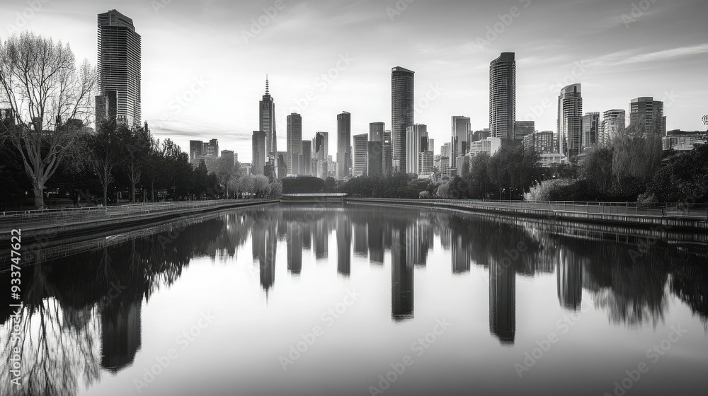 Fototapeta premium A black and white photograph of a city skyline reflected in a calm river